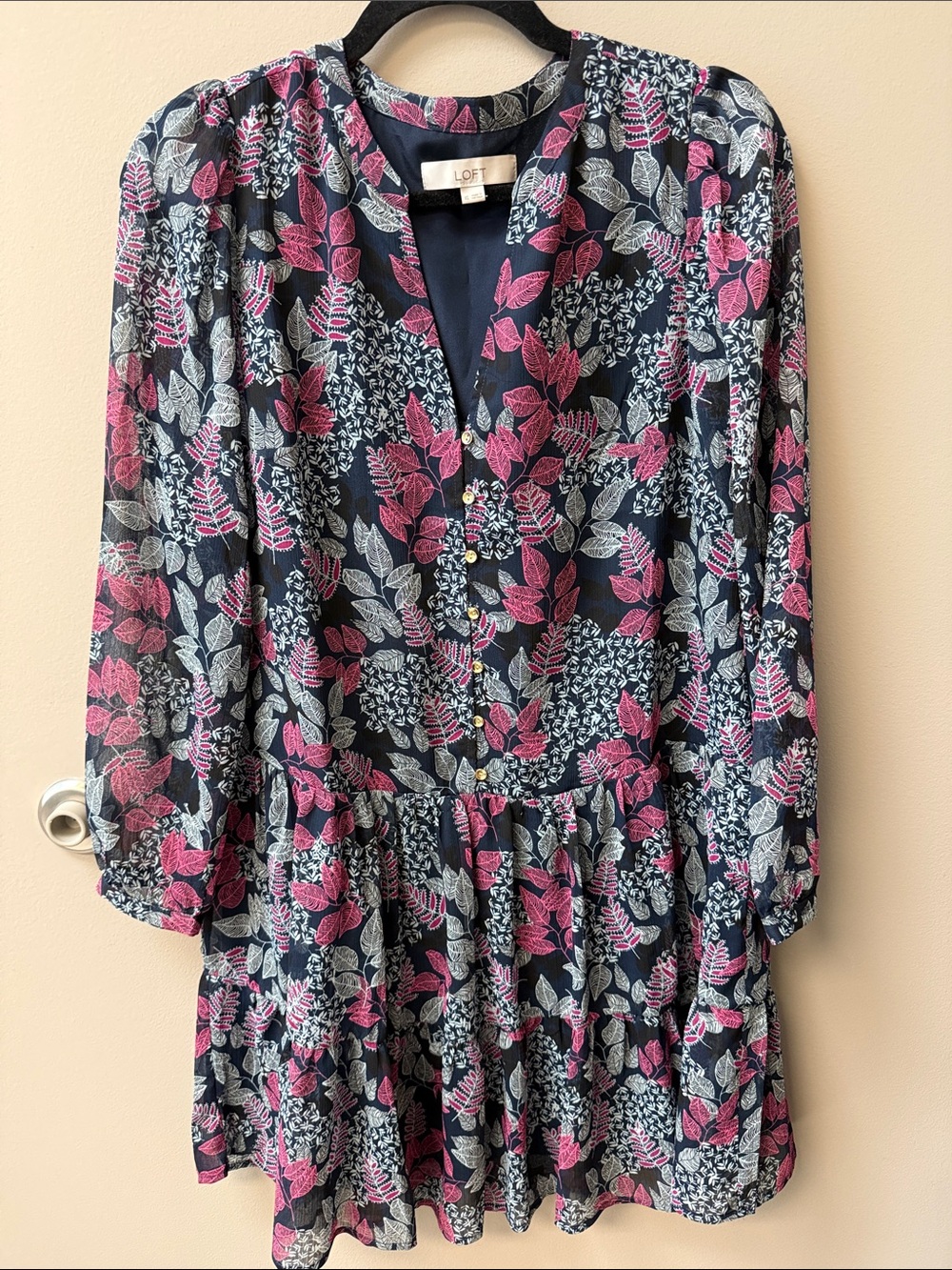 LOFT Navy Floral Tiered Long-Sleeve Dress - Pink & White Leaf Print